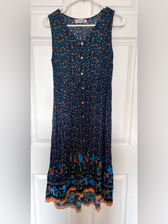 Temofon Dresses & Skirts - Floral Midi - Button Front Dress - Blue Orange Black - CottageCore - Sz Med